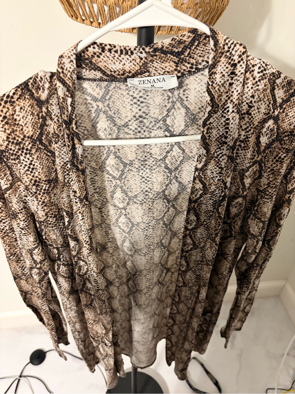 Zenana Outfitters Brown and Cream Snake Print Open Front Cardigan
